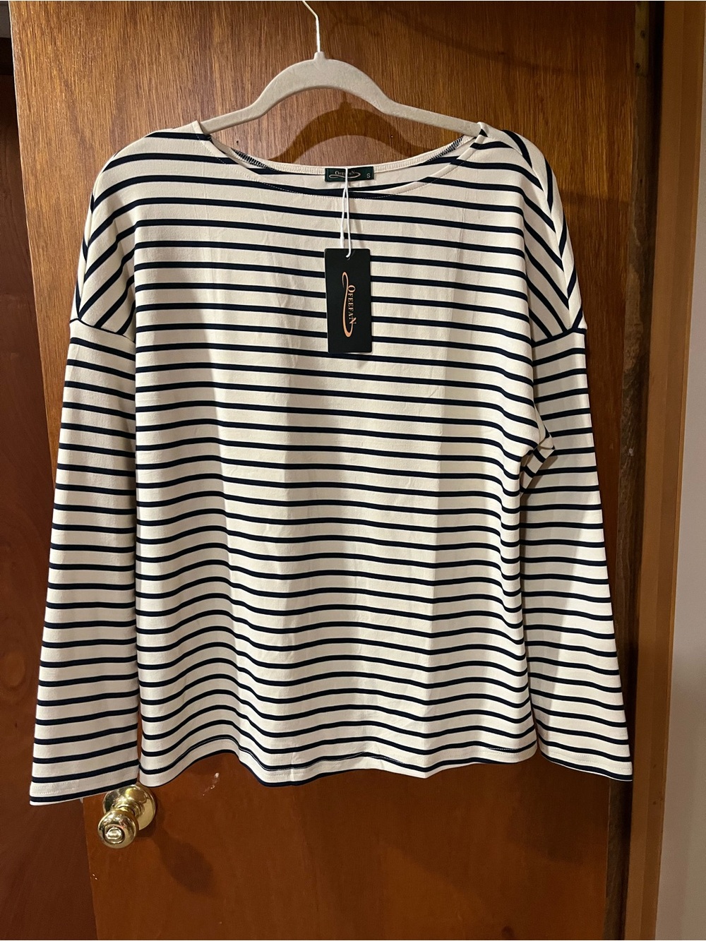 Ofeefan Women's Cream Navy Striped Long Sleeve Top